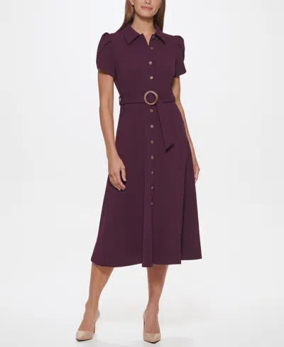 Calvin Klein Puff-sleeve Belted Midi Dress In Purple