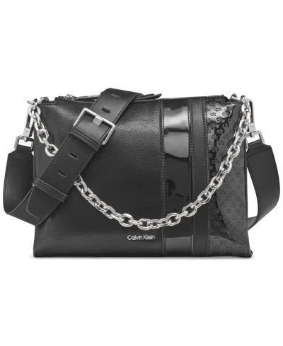 Calvin Klein Rain Signature Embossed Top Zipper Dual Strap Chain Crossbody In Black Silv