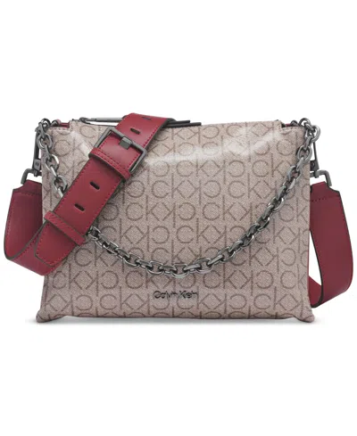 Calvin Klein Rain Signature Top Zipper Dual Strap Chain Crossbody In Almnd Taup