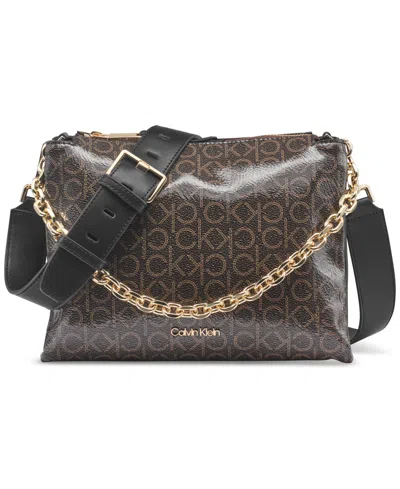Calvin Klein Rain Signature Top Zipper Dual Strap Chain Crossbody In Brown Khk