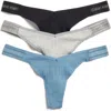 Calvin Klein Refined Ribbed Thongs In Black/grey/blue Assorted