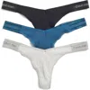 Calvin Klein Refined Ribbed Thongs In Blue/black/grey