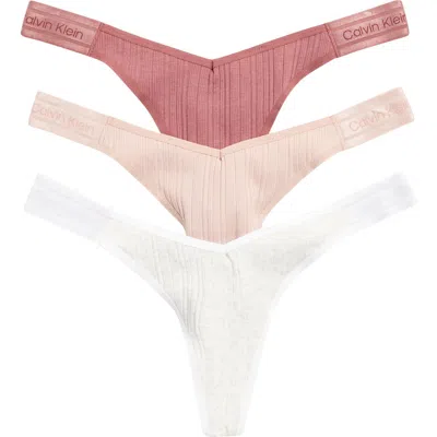 Calvin Klein Refined Ribbed Thongs In Pink/white/crushed Berry