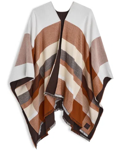 Calvin Klein Reversible Double Face Colorblock Plaid Shawl Ruana In Fudge
