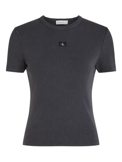 Calvin Klein Ribbed Logo-patch T-shirt In Gray