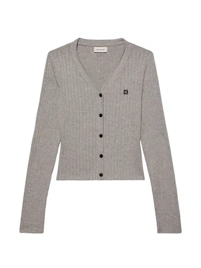 Calvin Klein Ribbed-knit Logo-patch Cardigan In Gray