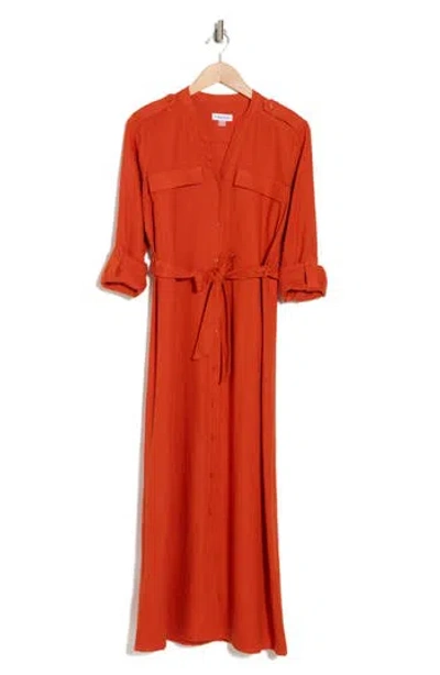 Calvin Klein Roll Sleeve Tie Waist Maxi Shirtdress In Clay