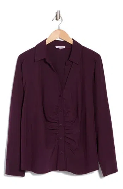 Calvin Klein Ruched Button-up Shirt In Aubergine