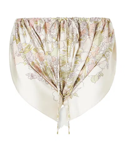 Calvin Klein Ruched Floral-print Silk Mini Shorts In Nude