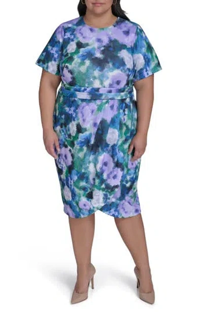 Calvin Klein Ruched Short Sleeve Sheath Dress In Opal Multi