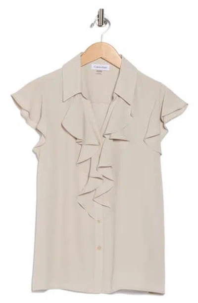 Calvin Klein Ruffle Cap Sleeve Top In Brown