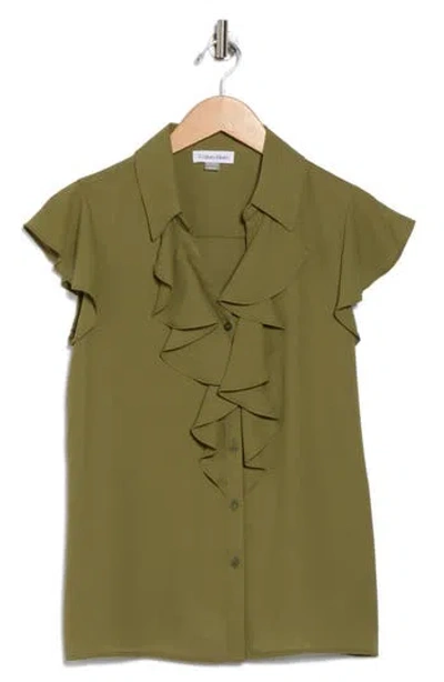 Calvin Klein Ruffle Cap Sleeve Top In Green