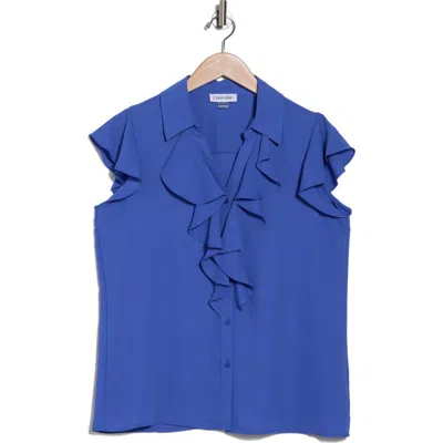Calvin Klein Ruffle Cap Sleve Shirt In Dazzling Blue