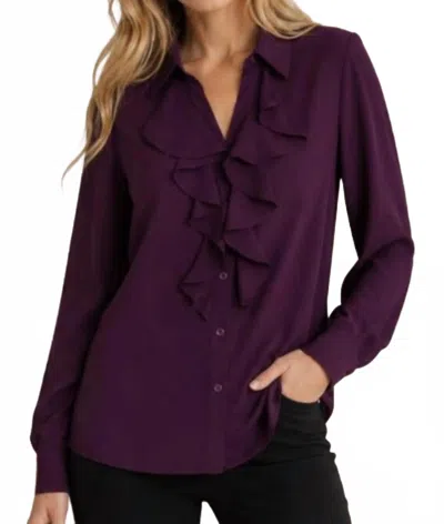 Calvin Klein Ruffle Front Long Sleeve Blouse In Aubergine In Purple