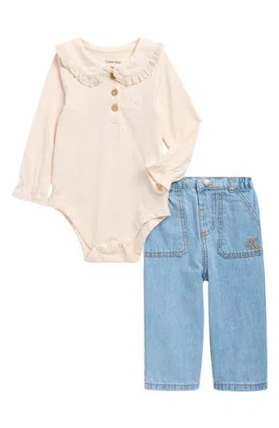 Calvin Klein Babies'  Ruffle Long Sleeve Bodysuit & Jeans Set In Multi
