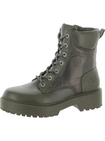 Calvin Klein Sallon Womens Faux Leather Round Toe Combat & Lace-up Boots In Black