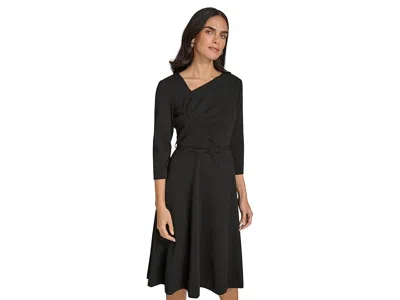 Calvin Klein Scuba Crepe Asym Rouched Neck Midi With Belt In Black