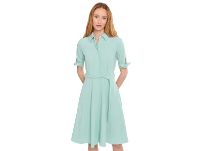 Calvin Klein Scuba Crepe Short Sleeve Self Tie Shirt Dress In Green
