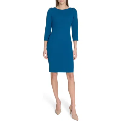 Calvin Klein Scuba Crepe Three-quarter Sleeve Sheath Dress In Blue