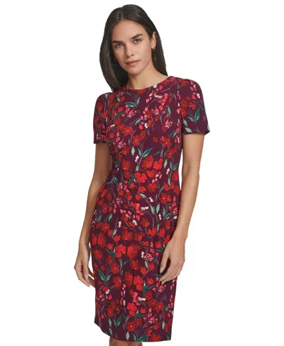 Calvin Klein Sheath Dress Womens Aubergine Cotton Tulip Sleeve Floral Buu1185 In Red