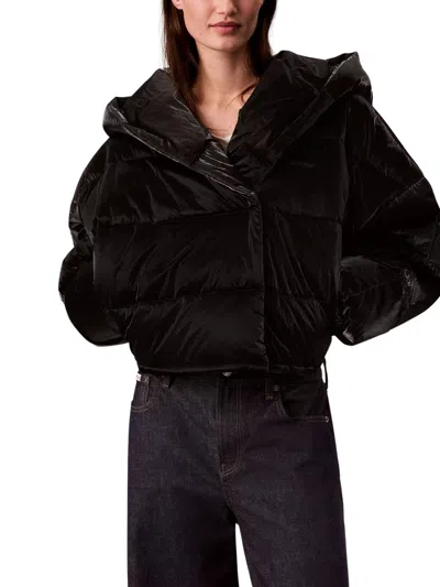 Calvin Klein Shine Drawstring Hem Nylon Puffer Jacket In Black