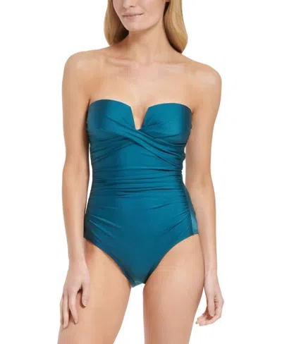 Calvin Klein Shirred Tummy Control Split Cup Bandeau One Piece Swimsuit In Cypress Shimmer In Blue