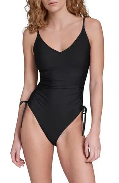 Calvin Klein Shirred V-neck One-piece Swimsuit In Black