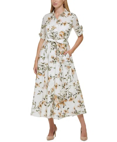 Calvin Klein Shirt Dress Womens White Floral Tie Waist Short Sleeve Buu809
