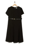 Calvin Klein Short Sleeve Belted A-line Midi Dress In Black