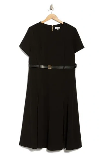 Calvin Klein Short Sleeve Belted A-line Midi Dress In Black