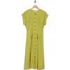 Calvin Klein Short Sleeve Button Front Cotton Blend Midi Dress In Celery