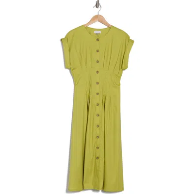 Calvin Klein Short Sleeve Button Front Cotton Blend Midi Dress In Celery