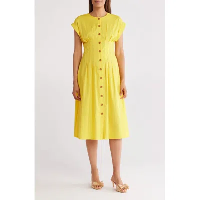 Calvin Klein Short Sleeve Button Front Cotton Blend Midi Dress In Daffodil