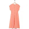 Calvin Klein Short Sleeve Button Front Cotton Blend Midi Dress In Mango