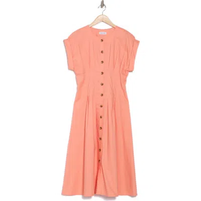 Calvin Klein Short Sleeve Button Front Cotton Blend Midi Dress In Mango
