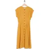 Calvin Klein Short Sleeve Button Front Cotton Blend Midi Dress In Mustard
