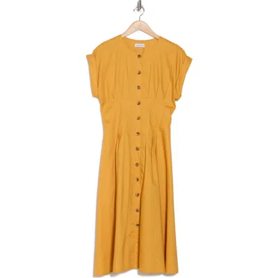 Calvin Klein Short Sleeve Button Front Cotton Blend Midi Dress In Mustard
