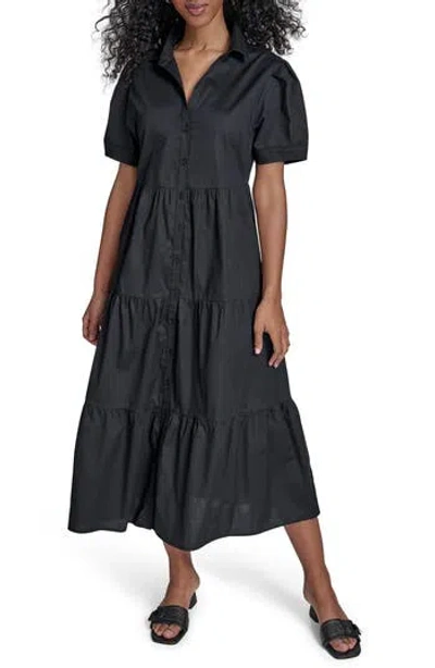 Calvin Klein Short Sleeve Cotton Tiered Maxi Dress In Black