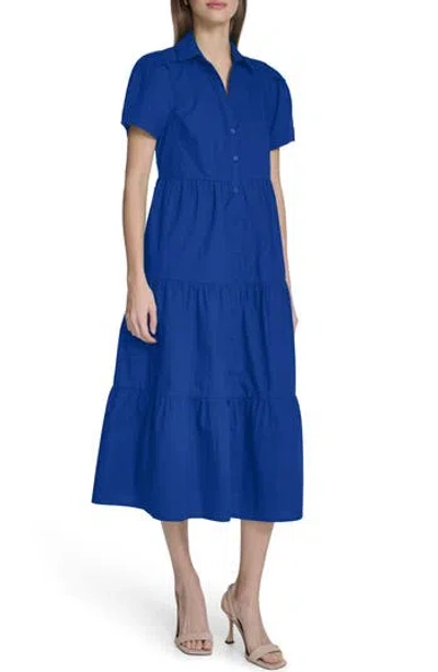 Calvin Klein Short Sleeve Cotton Tiered Maxi Dress In Blue