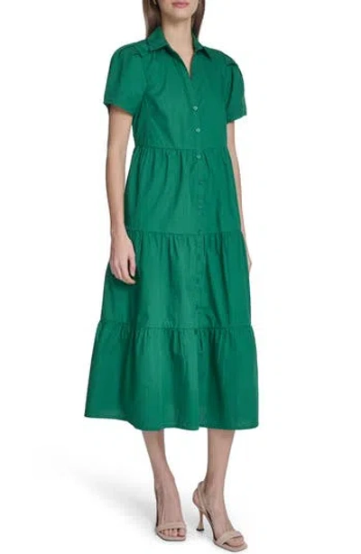 Calvin Klein Short Sleeve Cotton Tiered Maxi Dress In Green