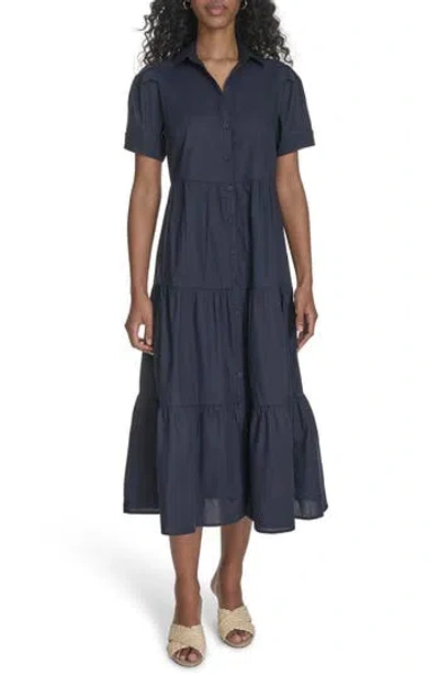 Calvin Klein Short Sleeve Cotton Tiered Maxi Dress In Blue
