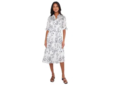 Calvin Klein Short Sleeve Floral Chiffon Shirt Dress In Gray