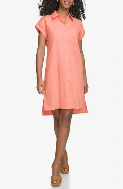 Calvin Klein Short Sleeve Linen Blend Shirtdress In Melon