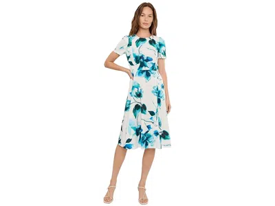 Calvin Klein Short Sleeve Linen Floral Aline Dress In Blue