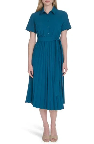 Calvin Klein Short Sleeve Pleated Shirtdress In Green