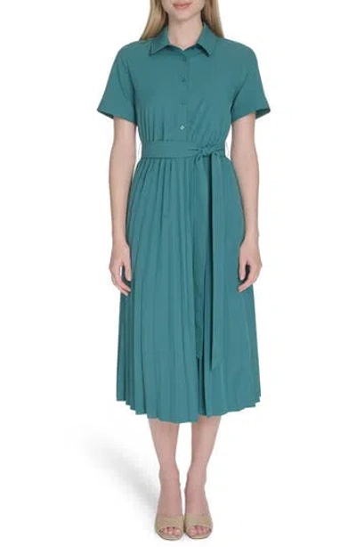 Calvin Klein Short Sleeve Pleated Shirtdress In Green