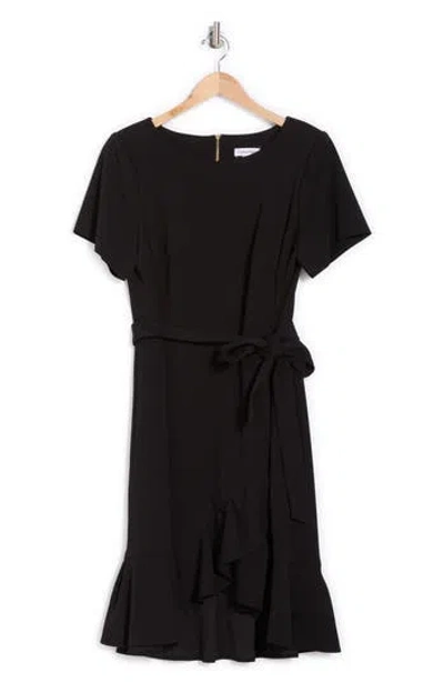 Calvin Klein Short Sleeve Ruffle Faux Wrap Dress In Black