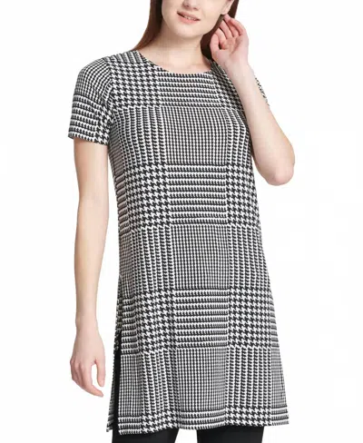 Calvin Klein Short Sleeve Slit Tunic In Black/white Plaid In Multi