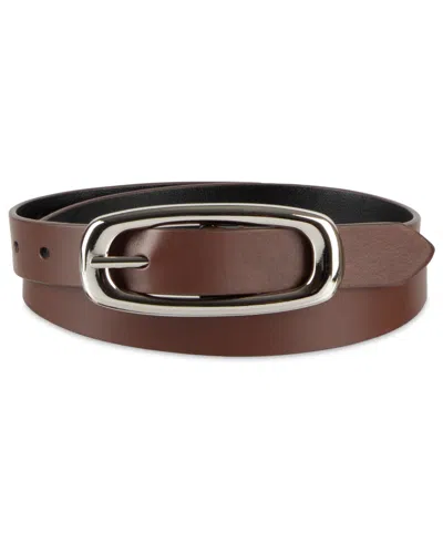 Calvin Klein Skinny Oval Shaped Center Bar Buckle Reversible Dress Belt In Brown,black