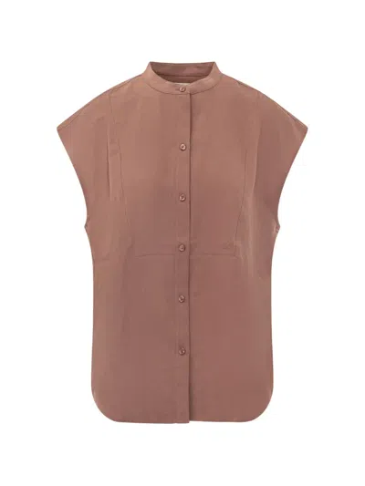 Calvin Klein Sleeveless Band-collar Shirt In Brown